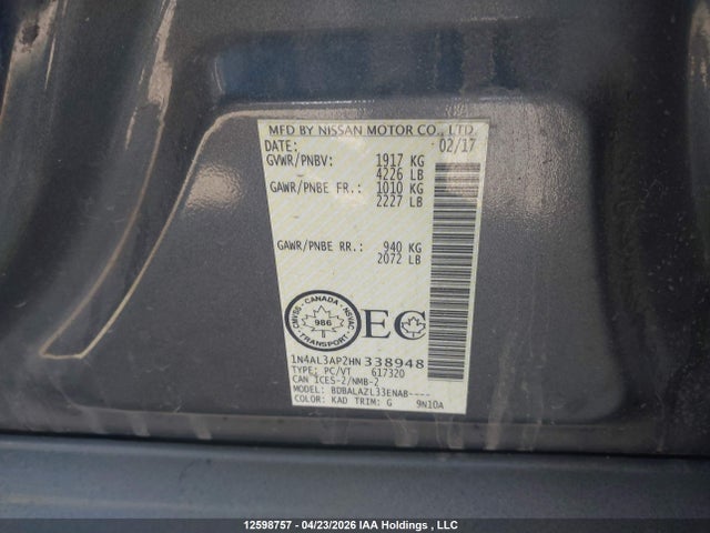 1N4AL3AP2HN338948 Nissan Altima 2.5/2.5 S/2.5 Sl/2.5 Sr/2.5 Sv
