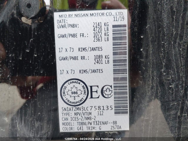 Продаж на аукціоні авто 2020 Nissan Rogue S/sl/sv, vin: 5N1AT2MV3LC758135, номер лоту: 12598764