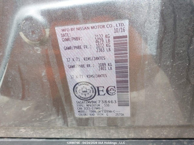 Продаж на аукціоні авто 2017 Nissan Rogue S/sl Platinum/sv, vin: 5N1AT2MV9HC738463, номер лоту: 12598766