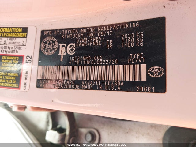 4T1B11HK0JU022720 Toyota CAMRY SE