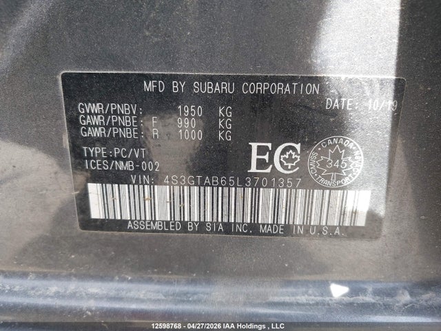 Продажа на аукционе авто 2020 Subaru Impreza Convenience, vin: 4S3GTAB65L3701357, номер лота: 12598768