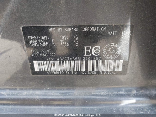 Продажа на аукционе авто 2020 Subaru Impreza Convenience, vin: 4S3GTAB65L3701357, номер лота: 12598768