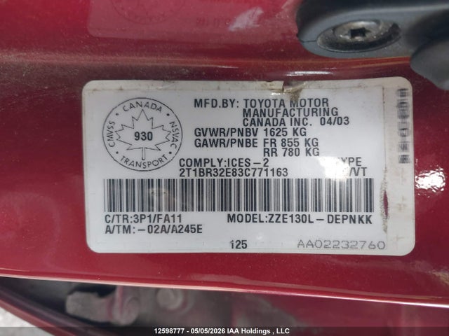 Auction sale of the 2003 Toyota Corolla Ce/le/sport, vin: 2T1BR32E83C771163, lot number: 12598777