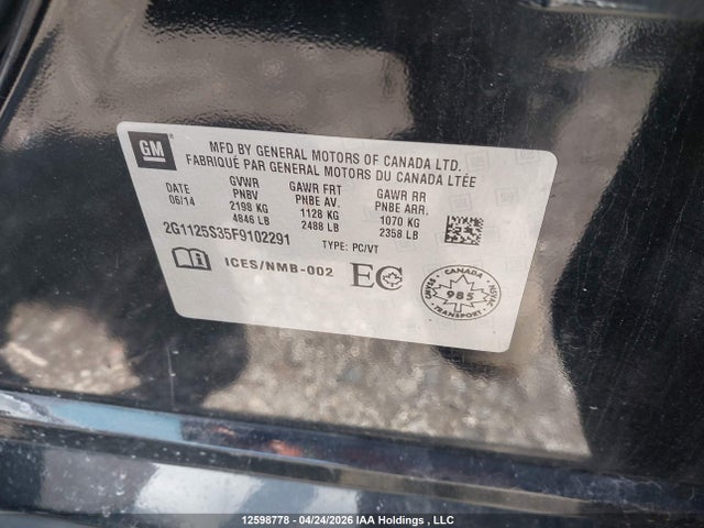 Aukcja sprzedaży 2015 Chevrolet Impala, vin: 2G1125S35F9102291, numer aukcji: 12598778