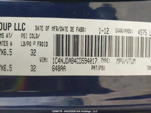 Продаж на аукціоні авто 2012 Jeep Compass, vin: 1C4NJDAB4CD594017, номер лоту: 12598779