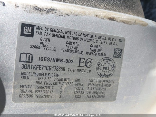 Aukcja sprzedaży 2012 Chevrolet Avalanche 1500 Lt, vin: 3GNTKFE71CG178880, numer aukcji: 12598788