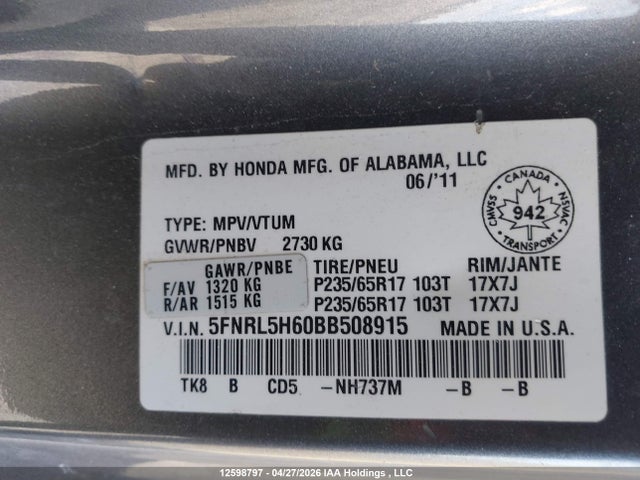 Aukcja sprzedaży 2011 Honda Odyssey Ex-l, vin: 5FNRL5H60BB508915, numer aukcji: 12598797