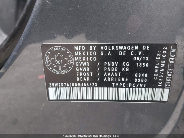 Aukcja sprzedaży 2013 Volkswagen Jetta 2.0l Trendline/2.0l Trendline+, vin: 3VW2K7AJ0DM455823, numer aukcji: 12598798