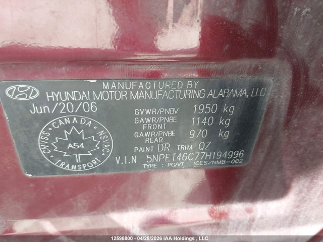 Продаж на аукціоні авто 2007 Hyundai Sonata Gls, vin: 5NPET46C77H194996, номер лоту: 12598800