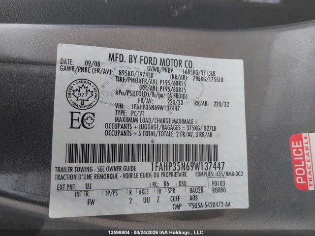12598804 :رقم المزاد ، 1FAHP35N69W137447 vin ، 2009 Ford Focus Se مزاد بيع