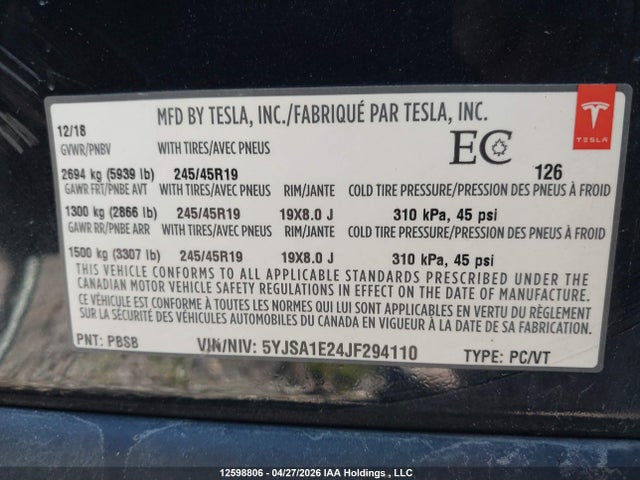 12598806 :رقم المزاد ، 5YJSA1E24JF294110 vin ، 2018 Tesla Model S مزاد بيع