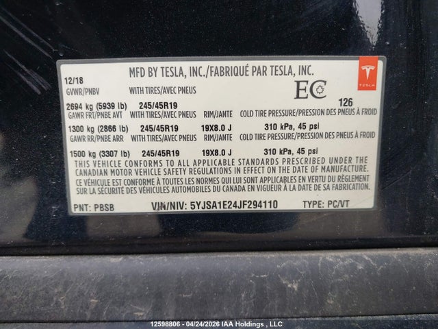 12598806 :رقم المزاد ، 5YJSA1E24JF294110 vin ، 2018 Tesla Model S مزاد بيع
