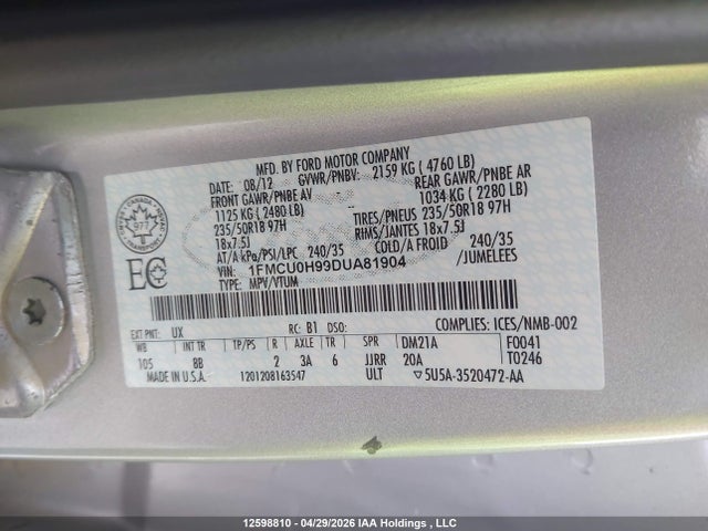 Продажа на аукционе авто 2013 Ford Escape Sel, vin: 1FMCU0H99DUA81904, номер лота: 12598810
