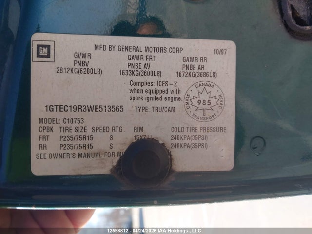 12598812 :رقم المزاد ، 1GTEC19R3WE513565 vin ، 1998 Gmc Sierra 1500 مزاد بيع