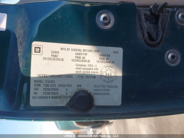 12598812 :رقم المزاد ، 1GTEC19R3WE513565 vin ، 1998 Gmc Sierra 1500 مزاد بيع
