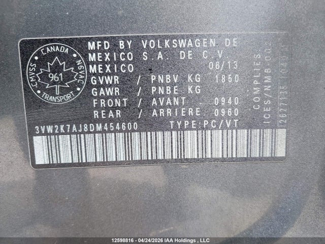 12598816 :رقم المزاد ، 3VW2K7AJ8DM454600 vin ، 2013 Volkswagen Jetta 2.0l Trendline/2.0l Trendline+ مزاد بيع