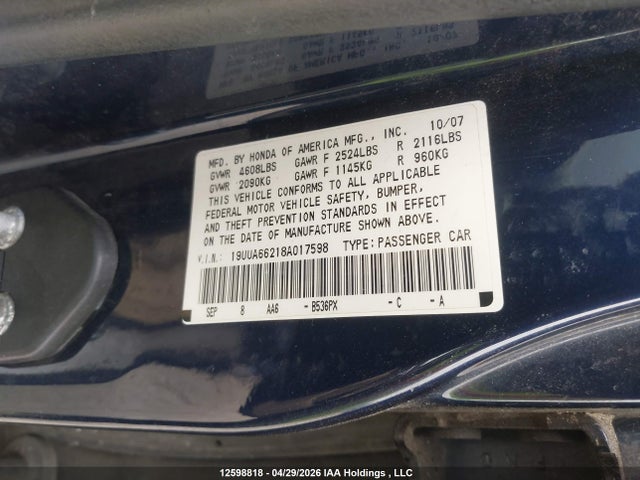 Aukcja sprzedaży 2008 Acura Tl, vin: 19UUA66218A017598, numer aukcji: 12598818