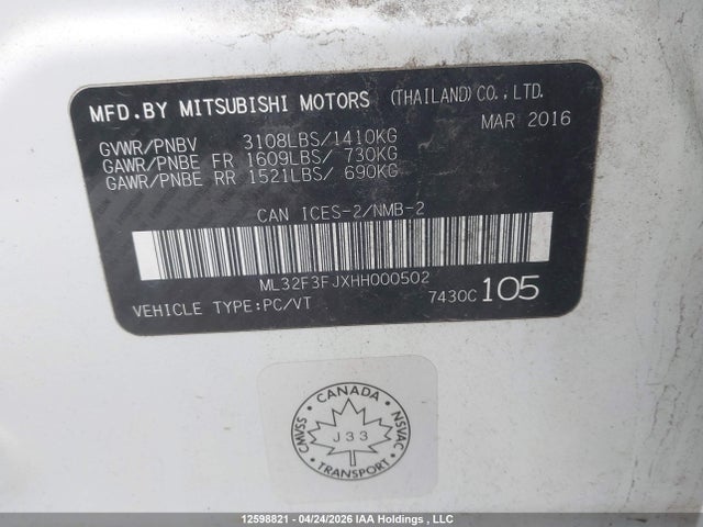12598821 :رقم المزاد ، ML32F3FJXHH000502 vin ، 2017 Mitsubishi Mirage G4 Es مزاد بيع