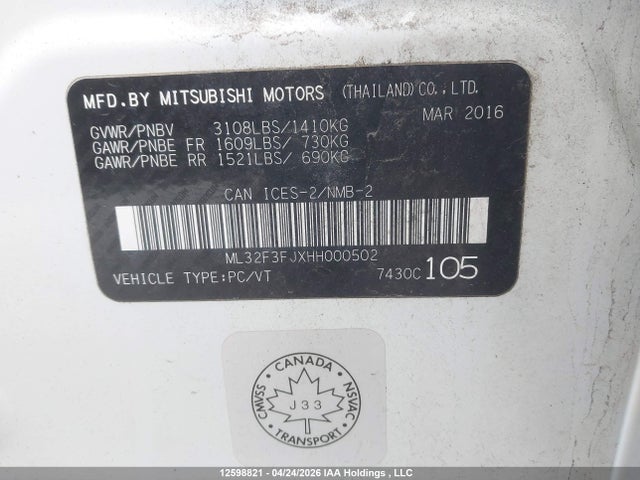 12598821 :رقم المزاد ، ML32F3FJXHH000502 vin ، 2017 Mitsubishi Mirage G4 Es مزاد بيع