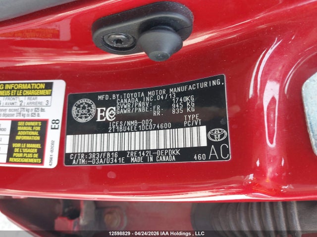 12598829 :رقم المزاد ، 2T1BU4EE1DC074600 vin ، 2013 Toyota Corolla مزاد بيع