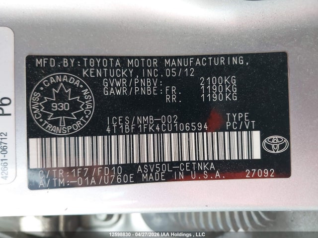 Продажа на аукционе авто 2012 Toyota Camry, vin: 4T1BF1FK4CU106594, номер лота: 12598830