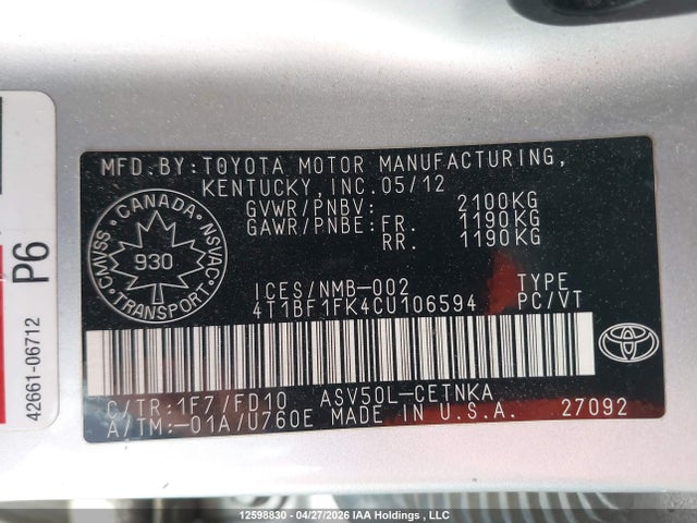 Продажа на аукционе авто 2012 Toyota Camry, vin: 4T1BF1FK4CU106594, номер лота: 12598830