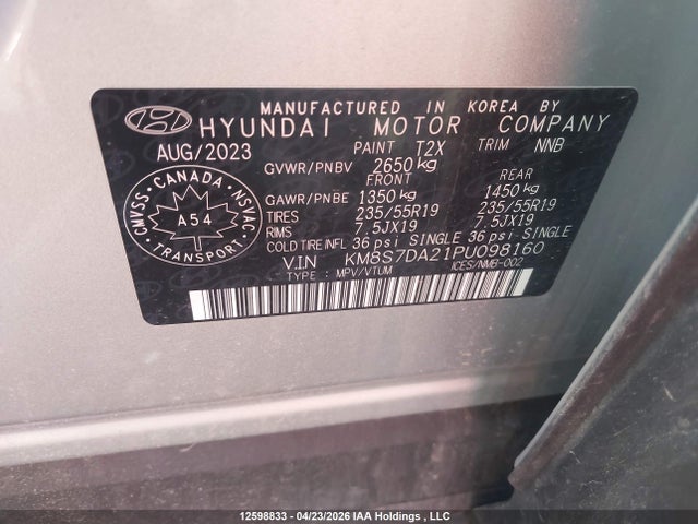 2023 Hyundai Santa Fe Limited მანქანა იყიდება აუქციონზე, vin: KM8S7DA21PU098160, აუქციონის ნომერი: 12598833