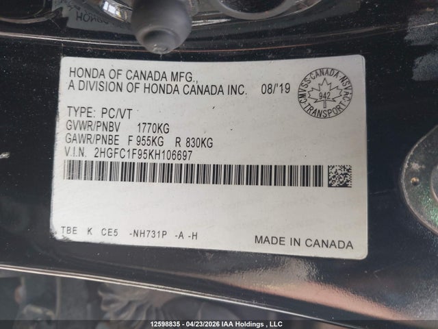 Продаж на аукціоні авто 2019 Honda Civic Touring, vin: 2HGFC1F95KH106697, номер лоту: 12598835
