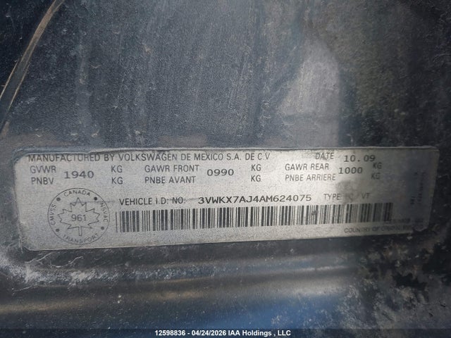 12598836 :رقم المزاد ، 3VWKX7AJ4AM624075 vin ، 2010 Volkswagen Golf 2.5l Comfortline/2.5l Trendline مزاد بيع