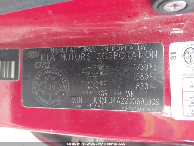 2013 Kia Forte 2.0l Ex მანქანა იყიდება აუქციონზე, vin: KNAFU4A22D5691009, აუქციონის ნომერი: 12598839