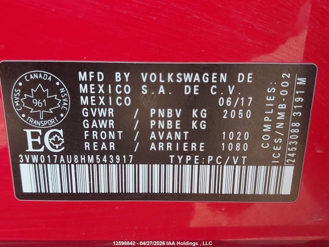 3VW017AU8HM543917 Volkswagen Golf Sportwagen S
