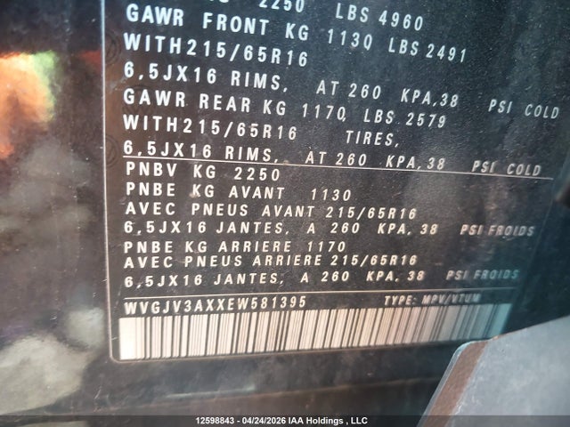 12598843 :رقم المزاد ، WVGJV3AXXEW581395 vin ، 2014 Volkswagen Tiguan Comfortline/highline/trendline مزاد بيع