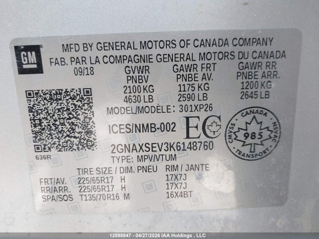 12598847 :رقم المزاد ، 2GNAXSEV3K6148760 vin ، 2019 Chevrolet Equinox Ls مزاد بيع