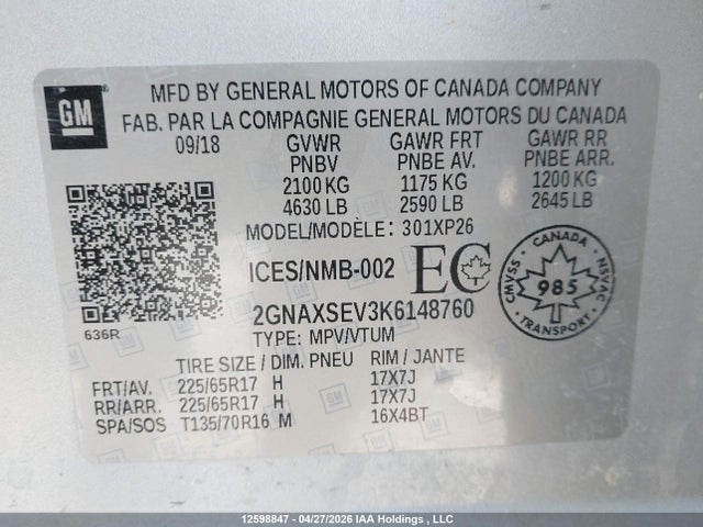 12598847 :رقم المزاد ، 2GNAXSEV3K6148760 vin ، 2019 Chevrolet Equinox Ls مزاد بيع