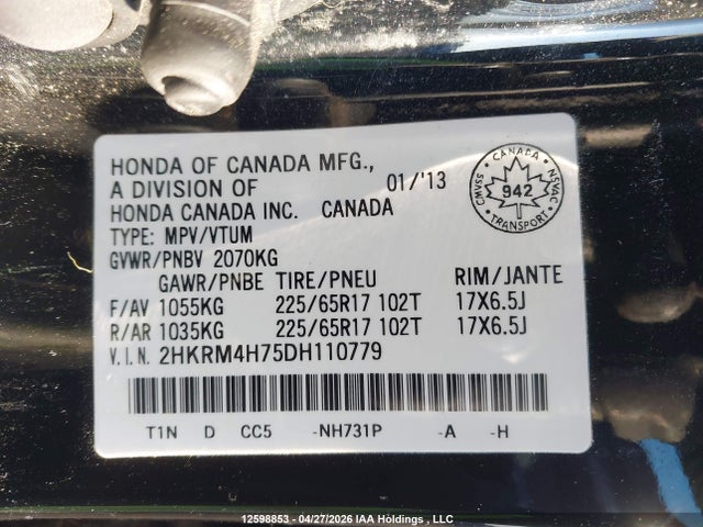 Продаж на аукціоні авто 2013 Honda Cr-v Ex-l, vin: 2HKRM4H75DH110779, номер лоту: 12598853