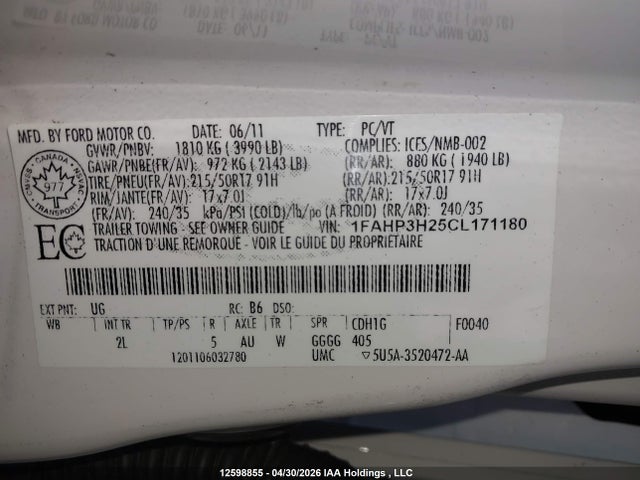 Продажа на аукционе авто 2012 Ford Focus Sel, vin: 1FAHP3H25CL171180, номер лота: 12598855