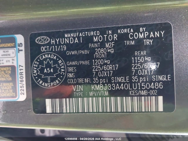 Aukcja sprzedaży 2020 Hyundai Tucson Preferred Fwd, vin: KM8J33A40LU150486, numer aukcji: 12598856