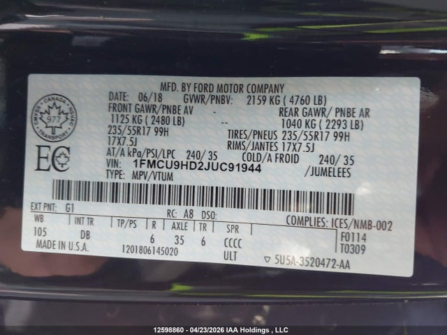 Auction sale of the 2018 Ford Escape Sel, vin: 1FMCU9HD2JUC91944, lot number: 12598860