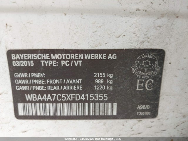 12598865 :رقم المزاد ، WBA4A7C5XFD415355 vin ، 2015 Bmw 428i Gran Coupe Xdrive مزاد بيع