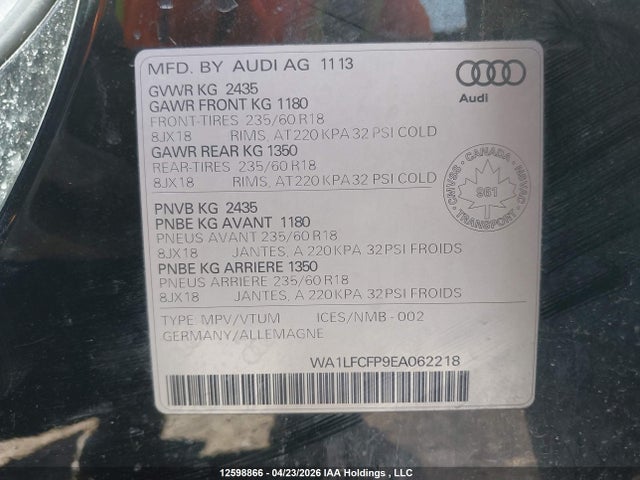 Auction sale of the 2014 Audi Q5, vin: WA1LFCFP9EA062218, lot number: 12598866