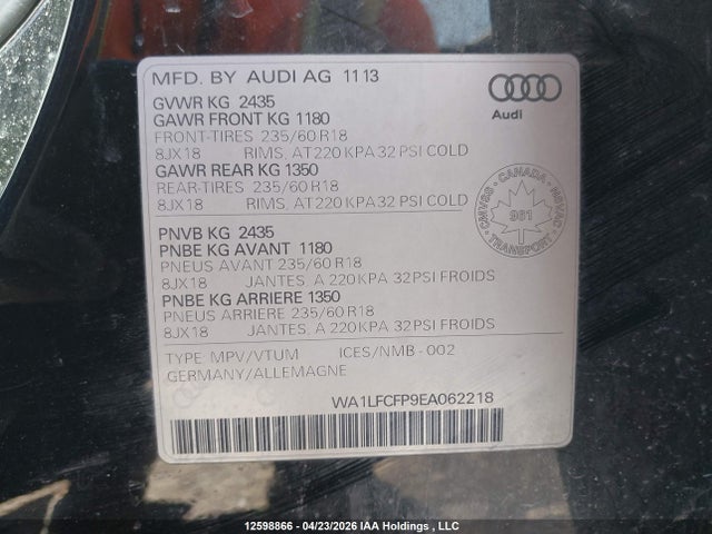 Auction sale of the 2014 Audi Q5, vin: WA1LFCFP9EA062218, lot number: 12598866
