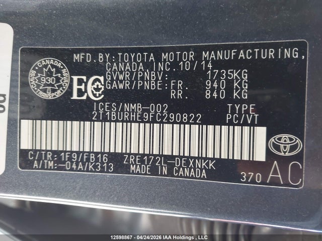2015 Toyota Corolla L/le/le Pls/prm/s/s Pls მანქანა იყიდება აუქციონზე, vin: 2T1BURHE9FC290822, აუქციონის ნომერი: 12598867