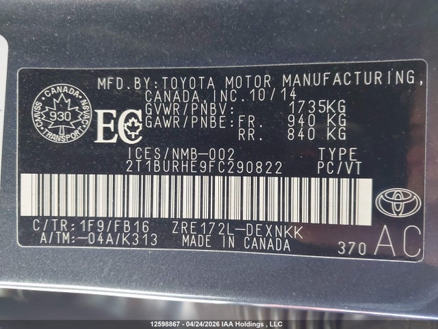 2015 Toyota Corolla L/le/le Pls/prm/s/s Pls მანქანა იყიდება აუქციონზე, vin: 2T1BURHE9FC290822, აუქციონის ნომერი: 12598867