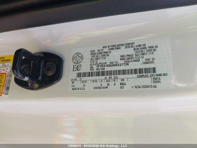 Ford F150 Super Cab 2022 1FTEX1EB2NKE27726 Image 19