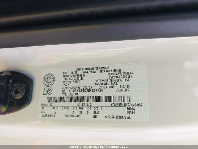 Ford F150 Super Cab 2022 1FTEX1EB2NKE27726 Image 9
