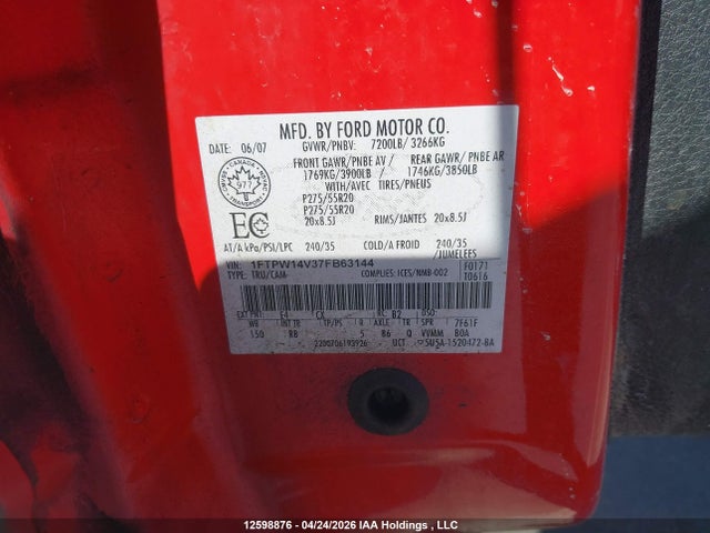 12598876 :رقم المزاد ، 1FTPW14V37FB63144 vin ، 2007 Ford F-150 مزاد بيع