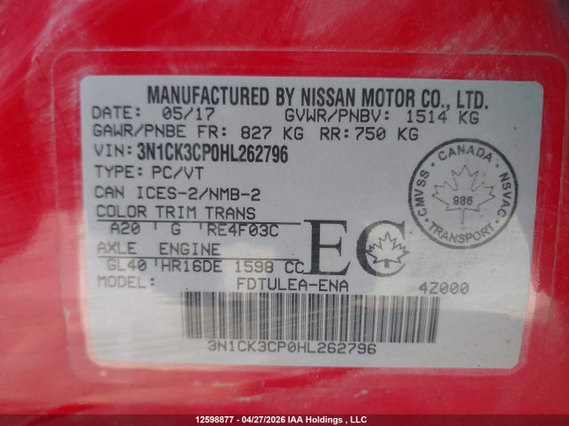 3N1CK3CP0HL262796 Nissan Micra S/sr/sv