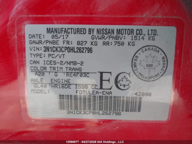 3N1CK3CP0HL262796 Nissan Micra S/sr/sv