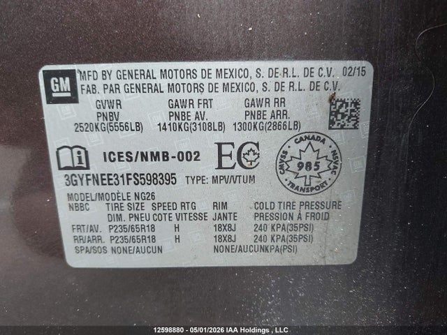 3GYFNEE31FS598395 Cadillac Srx Luxury Collection