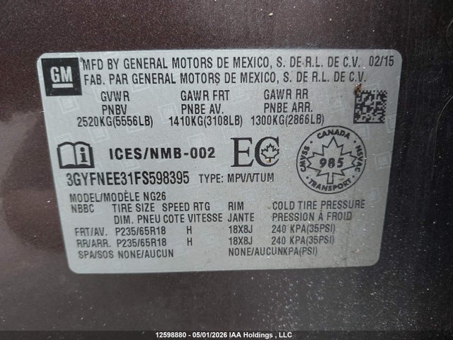 3GYFNEE31FS598395 Cadillac Srx Luxury Collection